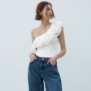 ZARA Asymmetric Ruffle Embroidered Bodysuit